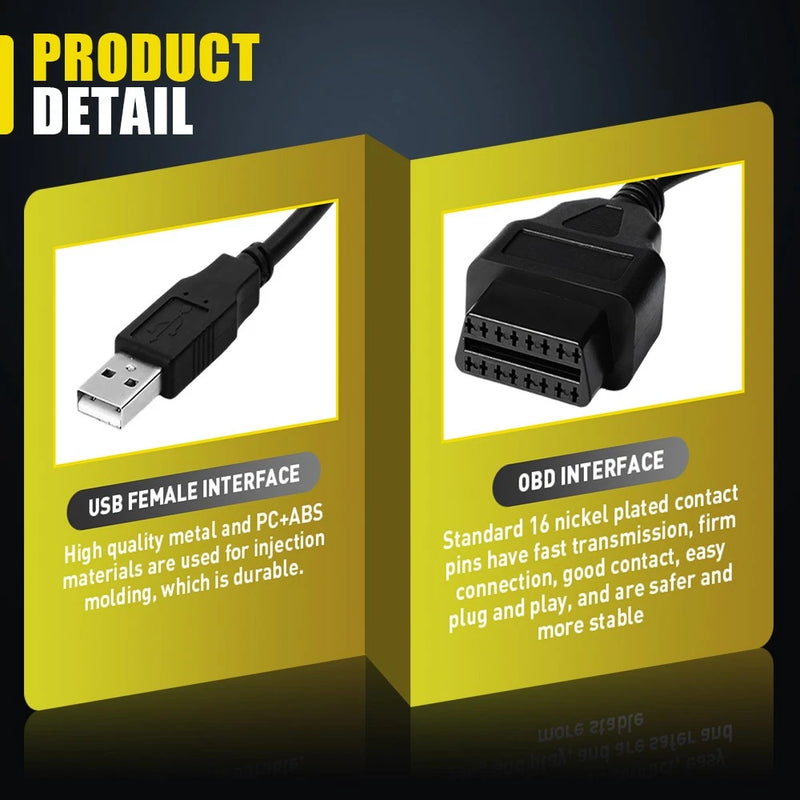 16-Pin OBD2 to USB Adapter Cable, 5V Diagnostic Charger Lead