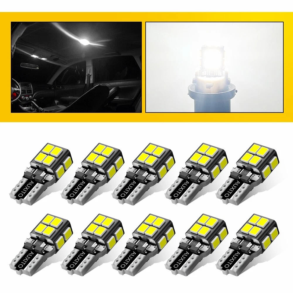 Set of 10 T10 168 175 LED wedge bulbs emitting 6000K white light for car interior
