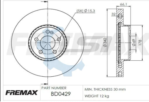 Fremax Front Disc Rotors for Mercedes Benz GLC250 253 2.0 2.1 2015-2019 342mm