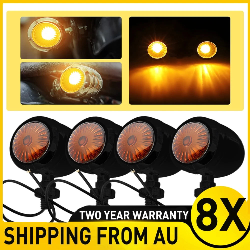 Set of 8 black mini bullet motorcycle turn signal indicators with amber lights