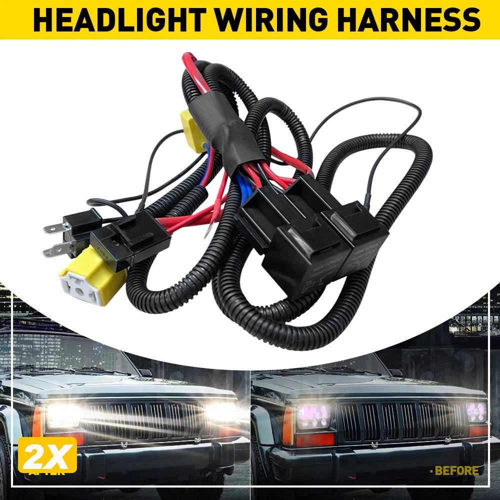 12V H4 9003 LED headlight relay wiring harness with ceramic sockets, black