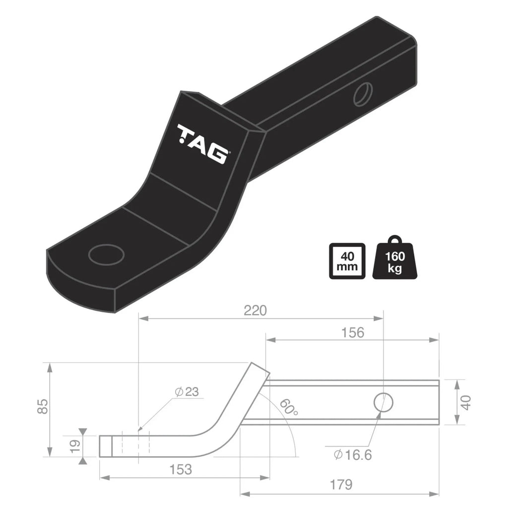 TAG Tow Ball Mount - 220mm Long, 135 Degree Face, 40mm Square Hitch L4040