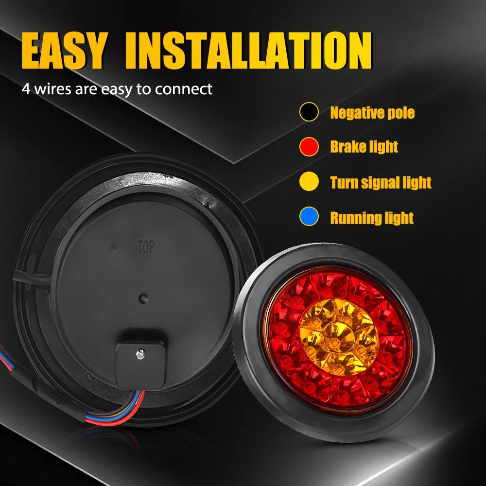 4x 4 Inch Round 12V Reverse Brake Turn Signal 16LED Truck Tail Lights Amber Red