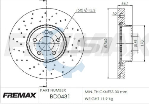 Fremax Front Disc Rotors for Merecedes Benz C250 W205 14-18 342mm X-Drilled