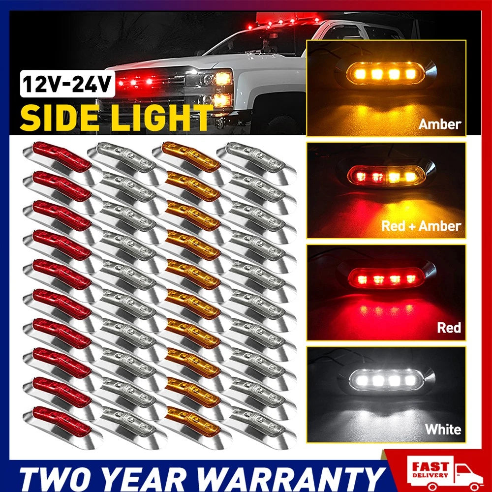 LED clearance side marker lights in red, amber, and white with chrome base for trucks and caravans