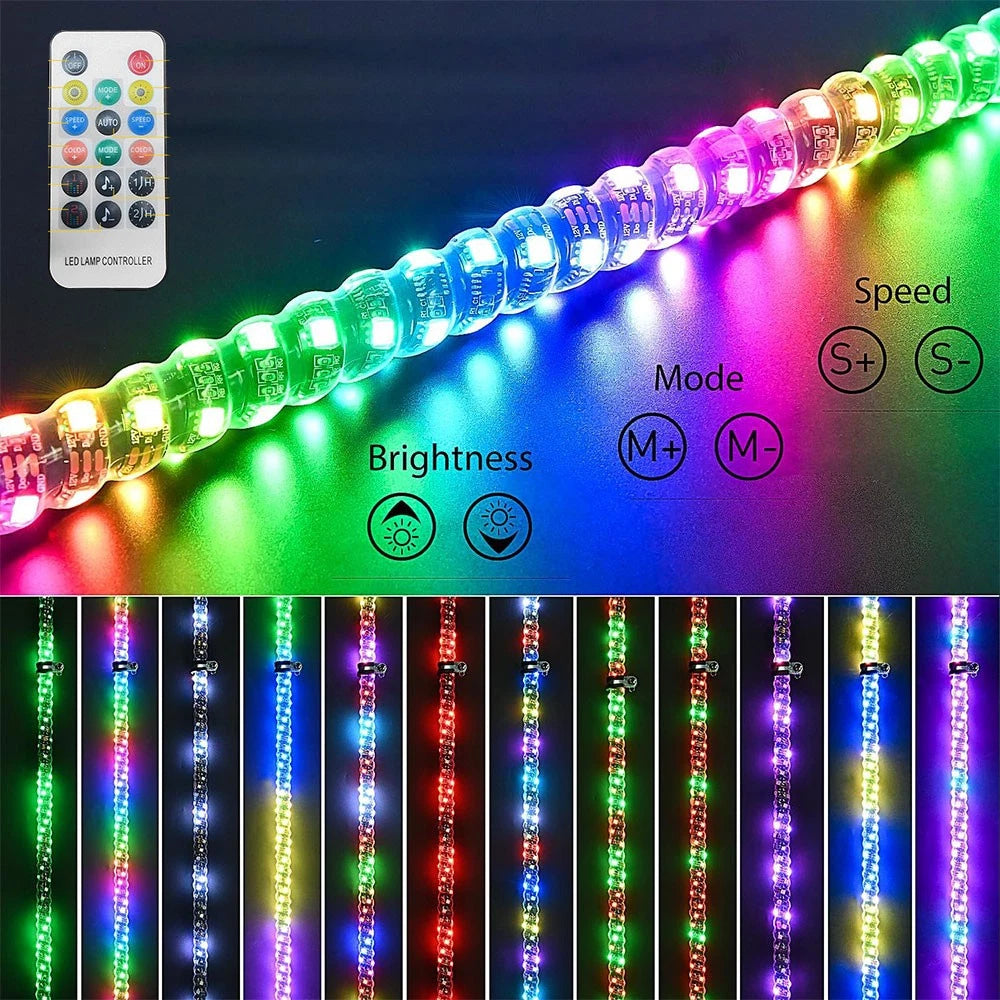 2/4/8x 3ft Spiral LED Whip Light Antenna+APP Remote For Bluetooth Polaris RZR A2