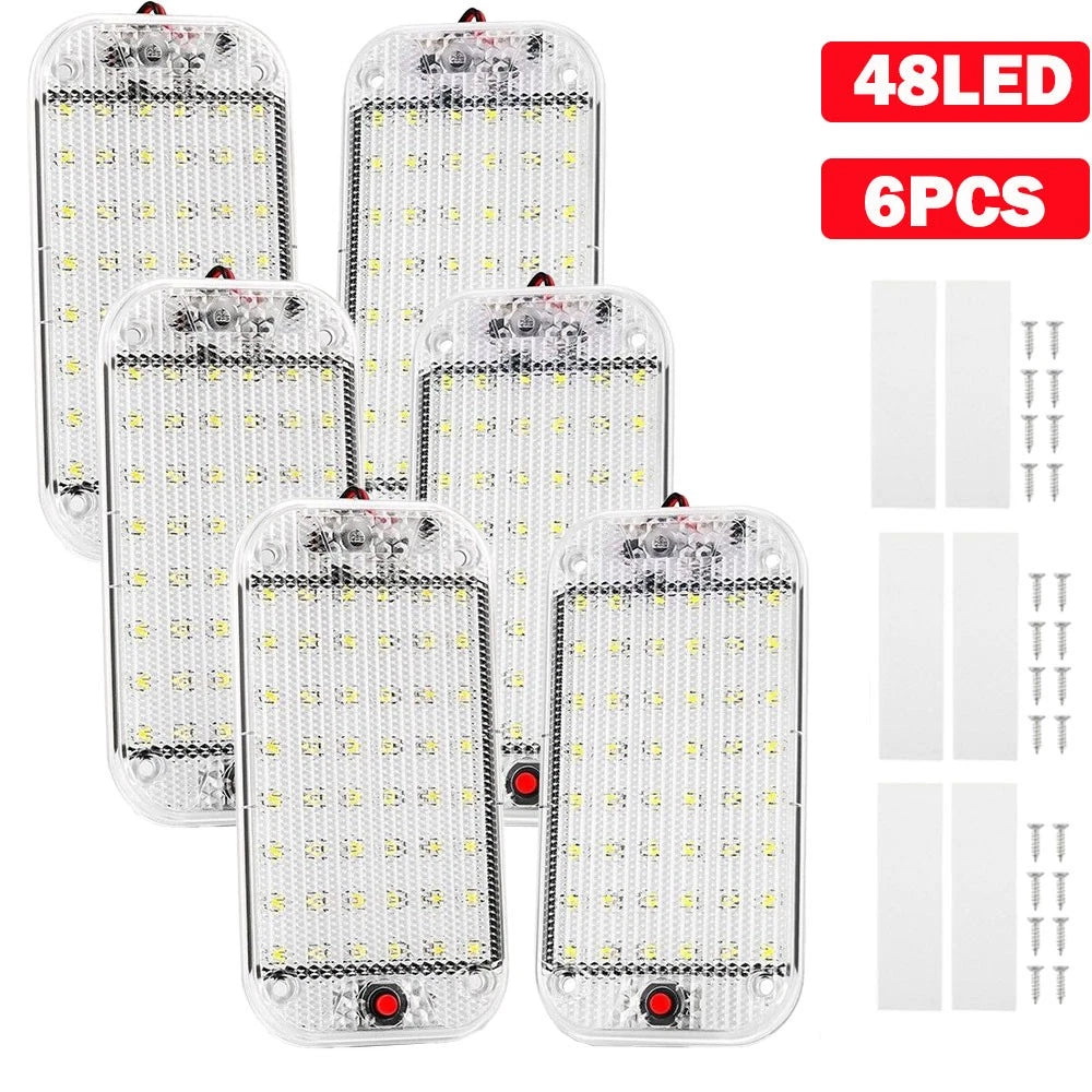 Set of six 48 LED cold white interior roof dome lights for car, UTE, caravan and truck