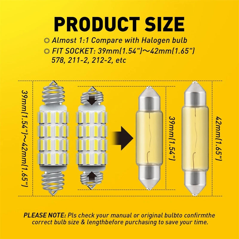 2x 4014 24SMD LED Festoon Bulbs 39mm 42mm White Interior Car Lights