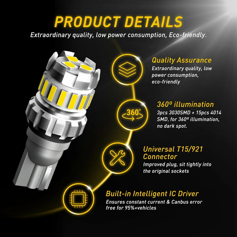 T15 921 912 W16W LED Reverse Backup Light Bulbs 6500K Canbus 2400LM