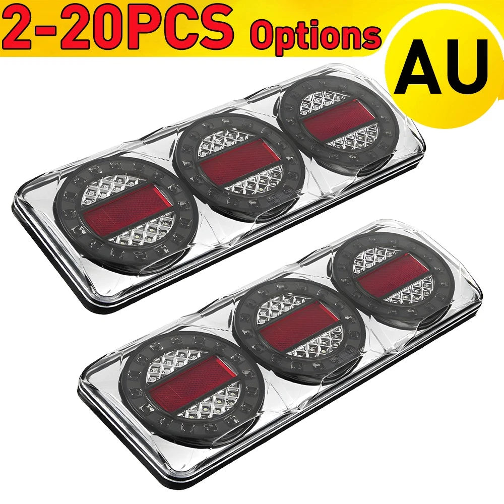 Pair of rectangular LED combination tail lights with stop, tail, indicator and reverse for 12-24V trucks and trailers