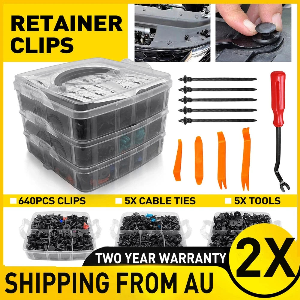 Assorted 1300x black plastic car trim body clips and rivet fasteners in organizer box