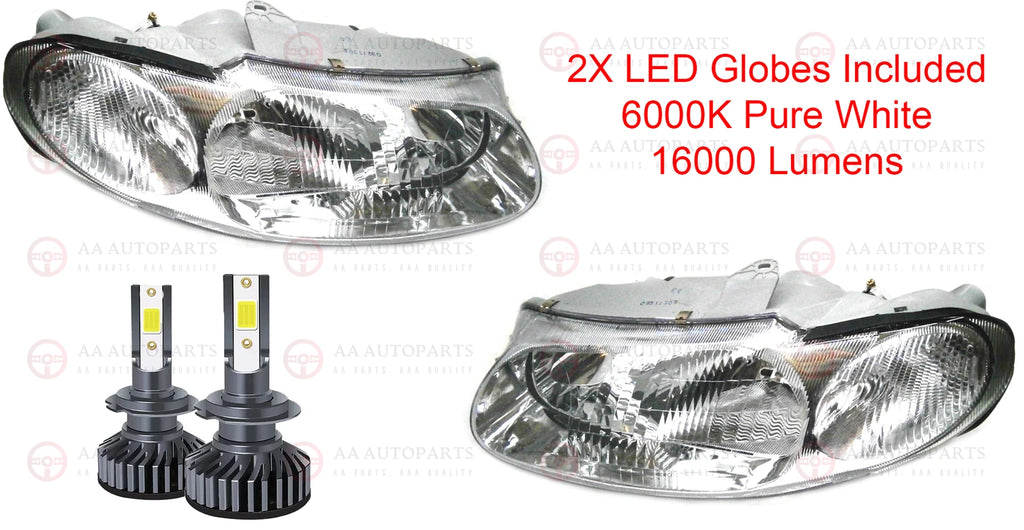 Chrome Headlights Pair + LED Globes For Holden Commodore VT WH 1997-2003