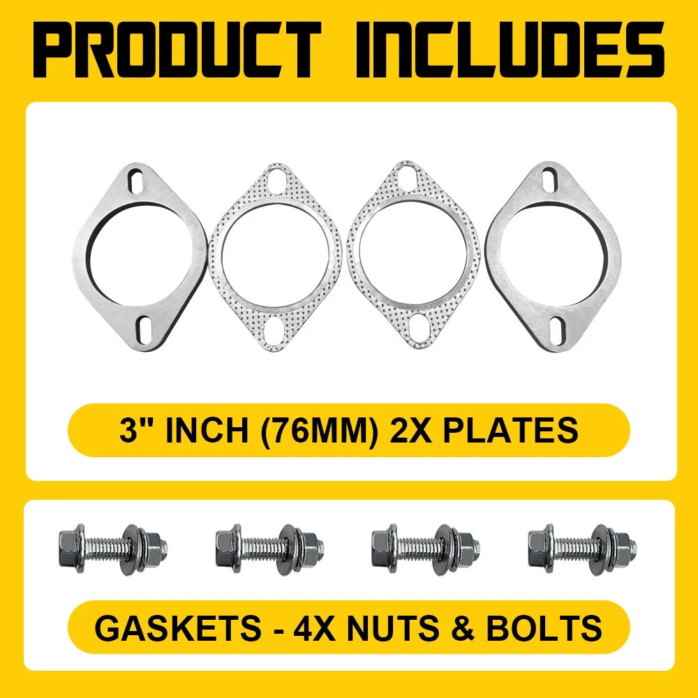 2SET Exhaust Flange Plates 76mm 3” Inch With 4 Gaskets 8mm + 8X Nuts Bolts