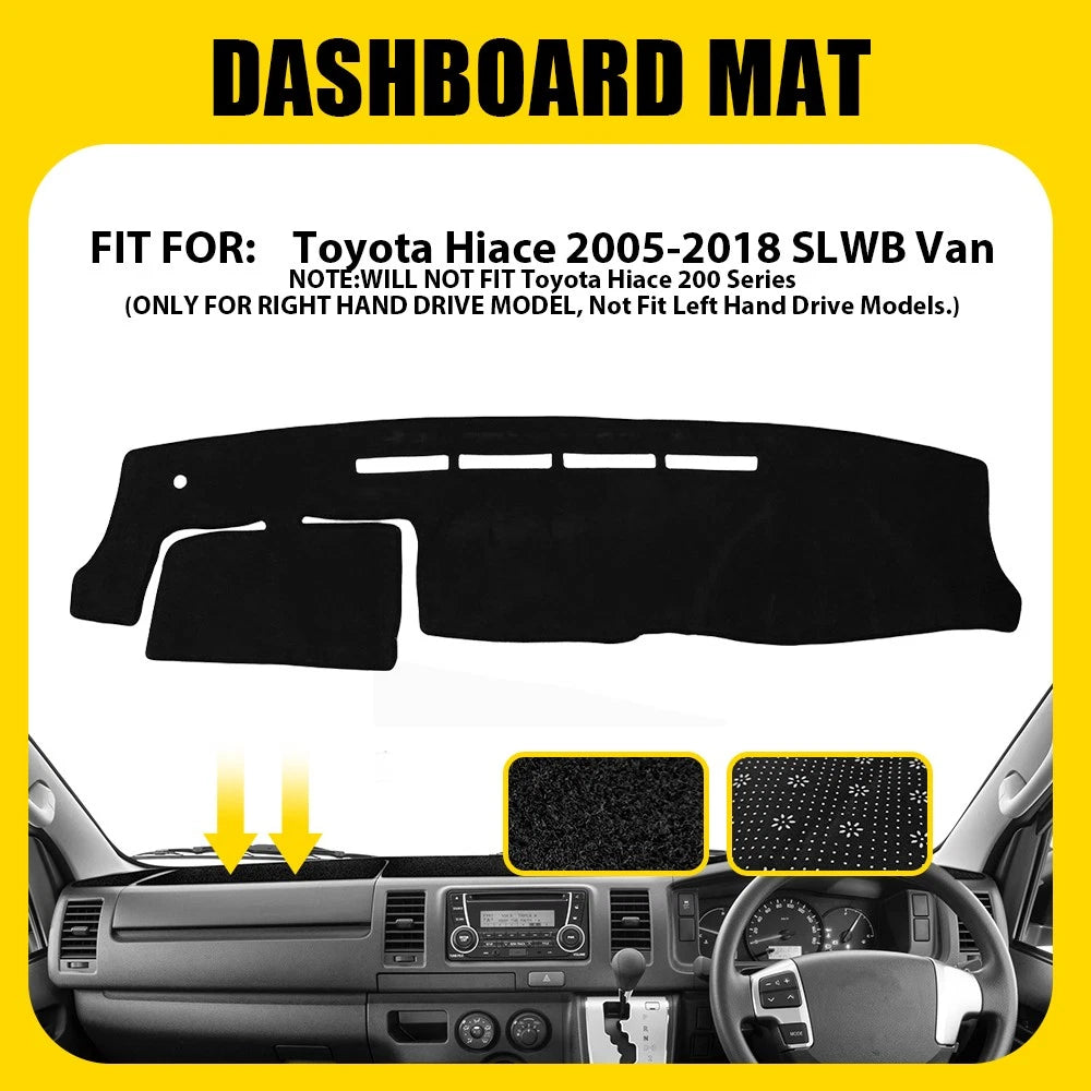 Black dashmat dashboard cover for Toyota Hiace SLWB Van 2005-2018 right-hand drive