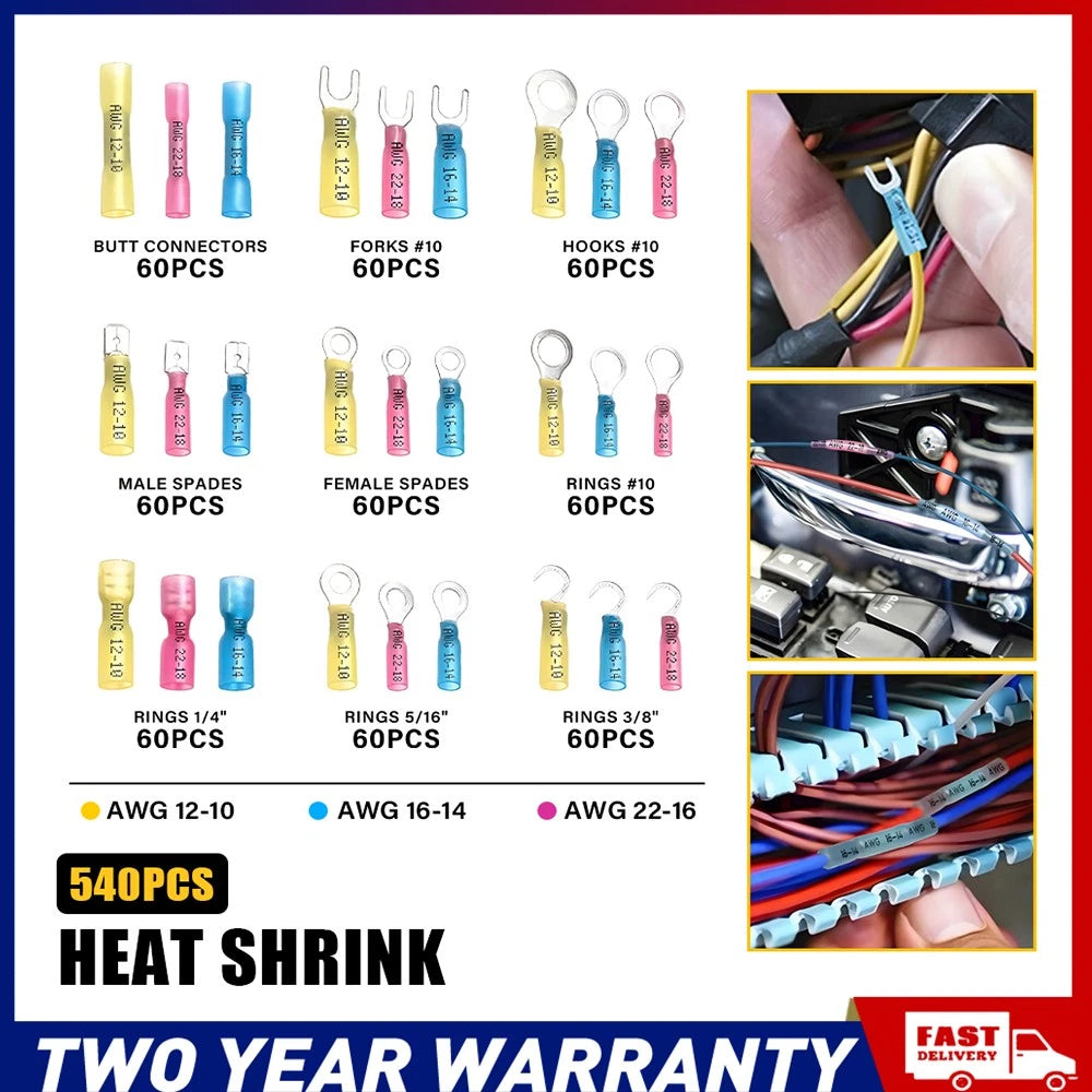 540pc Heat Shrink Butt Wire Connectors Waterproof Crimp Ring Splice Terminal