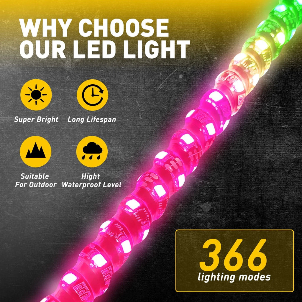 Pair 3ft bluetooth RGB Spiral LED Whip Lights +Remote For ATV UTV Motorcycle
