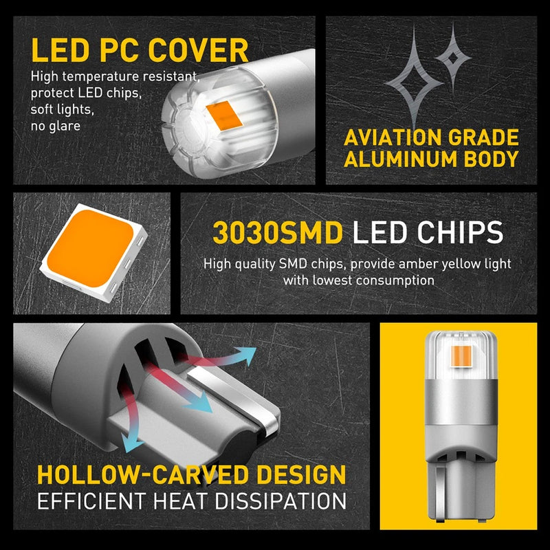 T10 W5W Amber LED Bulbs 2/4/8 Pack – 12V CANBUS Wedge Indicator Lights