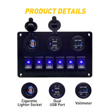 Load image into Gallery viewer, 6 Gang 12V 24V Switch Panel ON OFF Toggle LED Rocker 2 USB Car Marine Boat RV