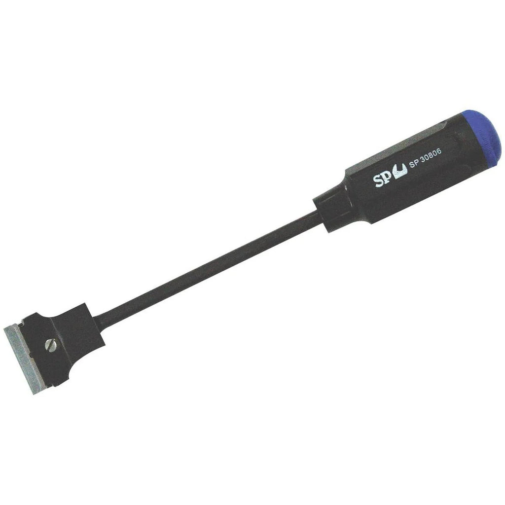 Long handle gasket scraper with replaceable razor blade for cleaning gasket surfaces