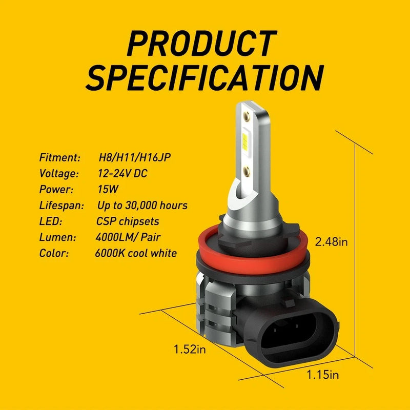 Canbus H11 LED Fog Light Bulbs 4000LM 6000K White (Pair)