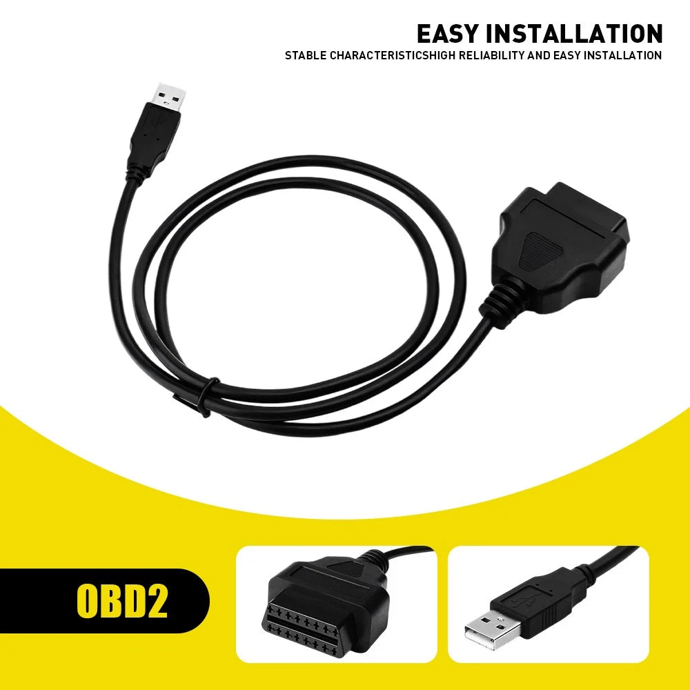Black 16-pin female OBD2 to USB adapter cable for universal vehicle diagnostics