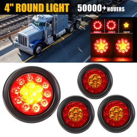 4x 4 Inch Round 12V Reverse Brake Turn Signal 16LED Truck Tail Lights Amber Red