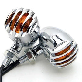 Pair Chrome Grilled Turn Signal Light Indicator Amber Lens Unviersal FOR Harley