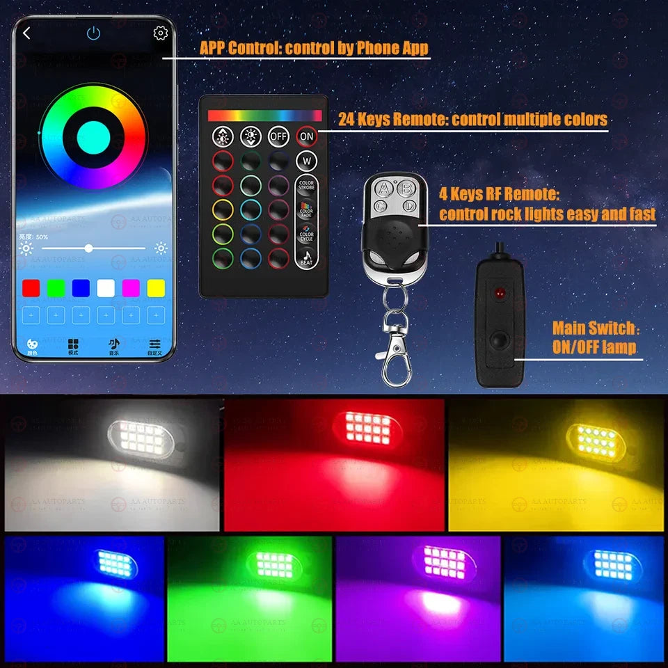 8 Pods RGB LED Rock Lights Kit Offroad Ute Underbody Music Wireless APP + Remote