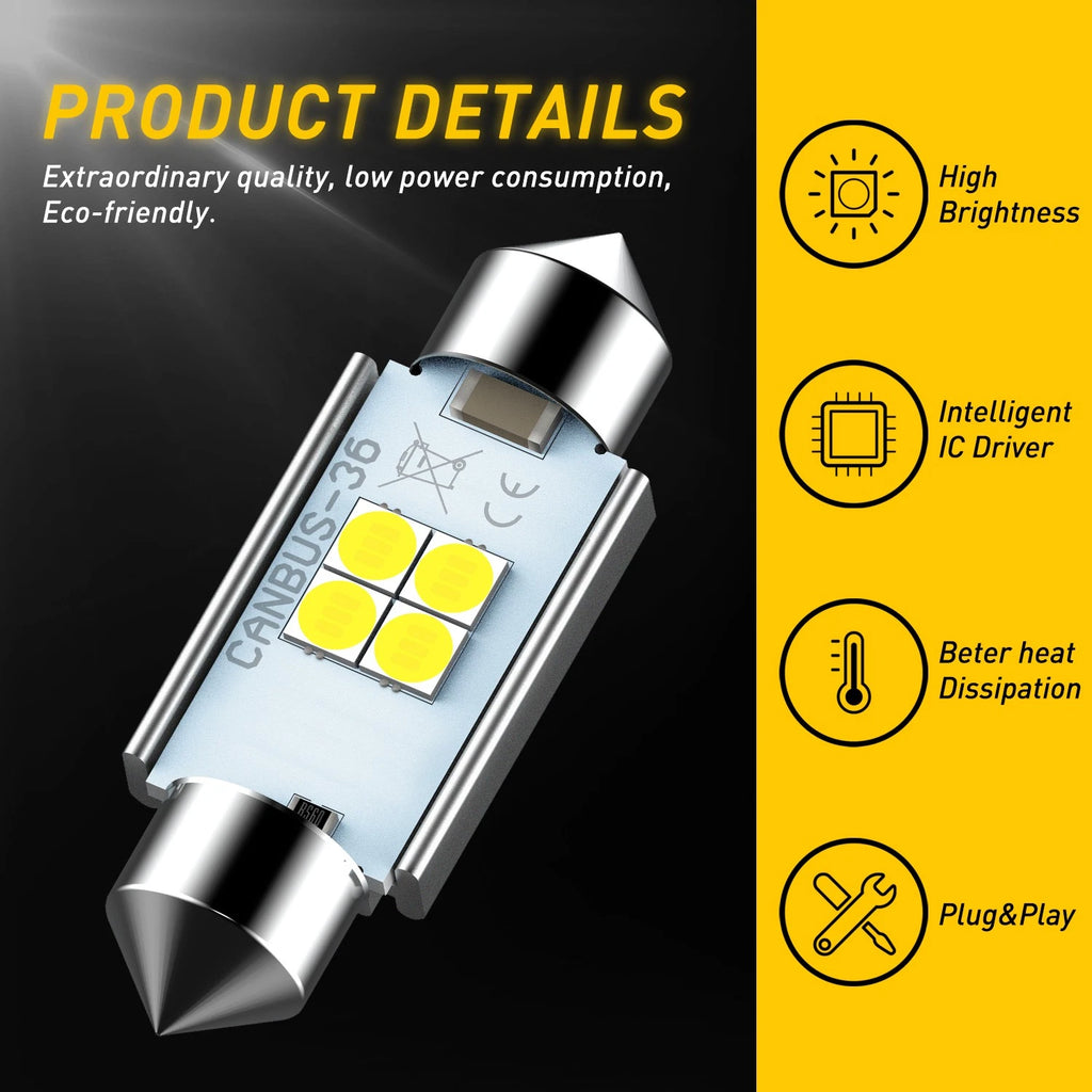 2pcs AUXITO 36MM 3030 4 LED White Festoon Interior Dome Roof Trunk Light