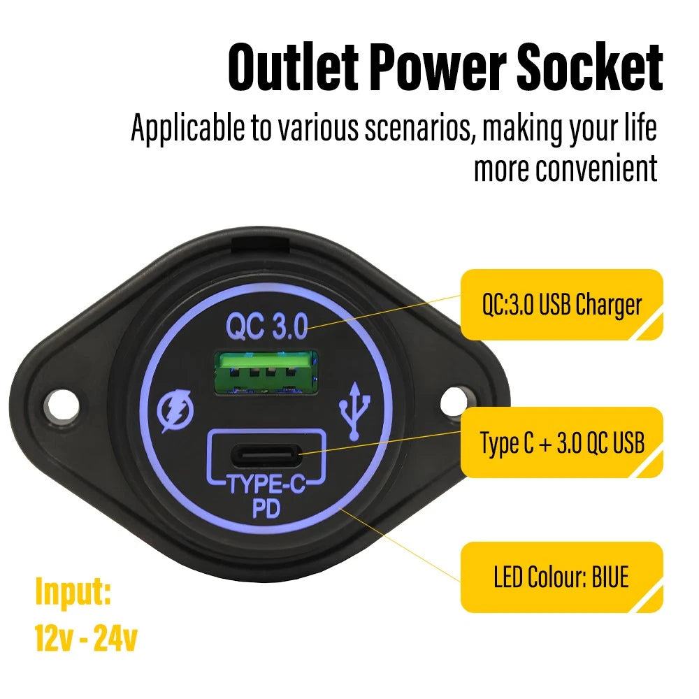 QC3.0 USB + Type C Port Car Fast Charger Socket Power Outlet Surface Mount Panel