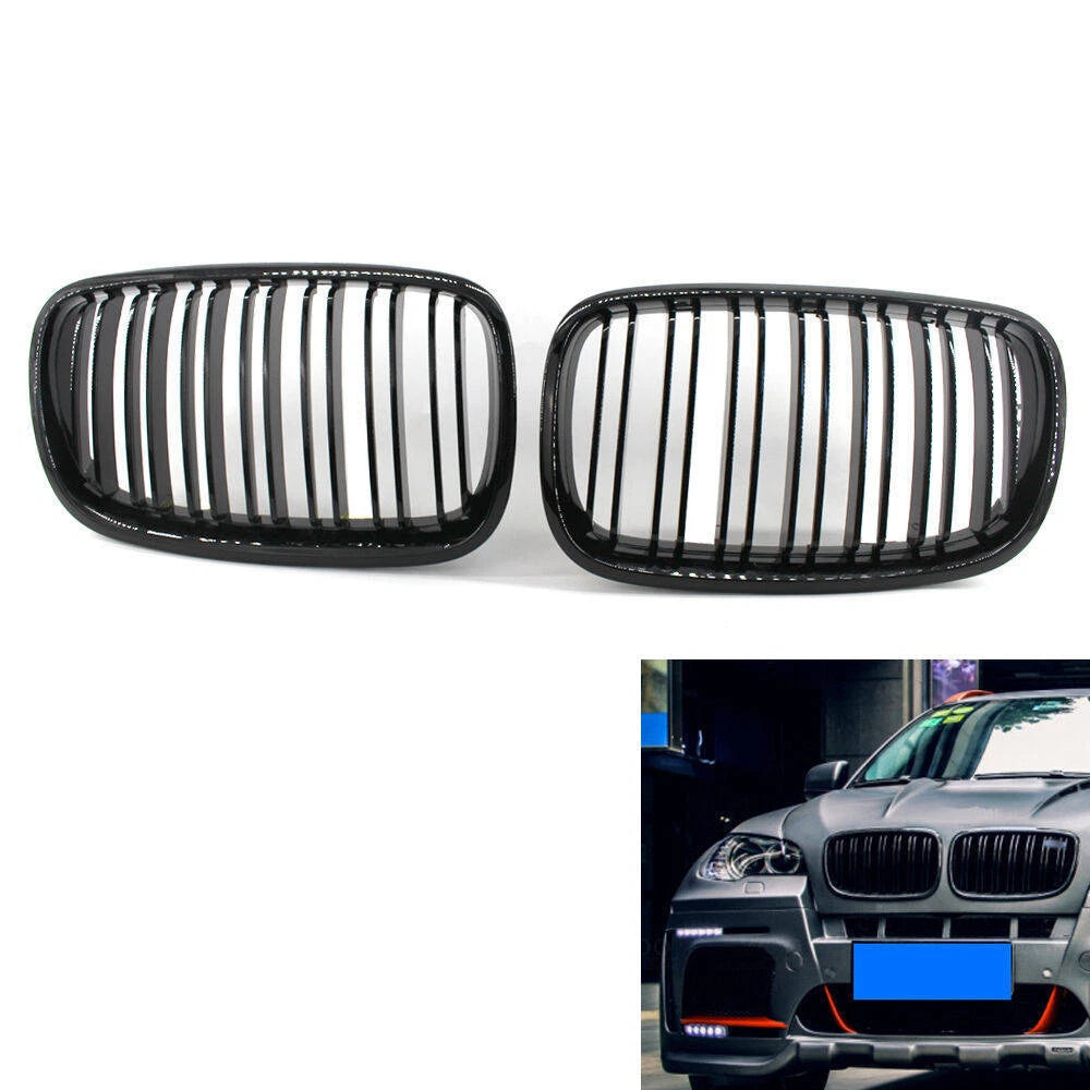 For BMW X5 X6 E70 E71 07-13 Front Grille Grill Kidney Cover Vent Gloss Black ST