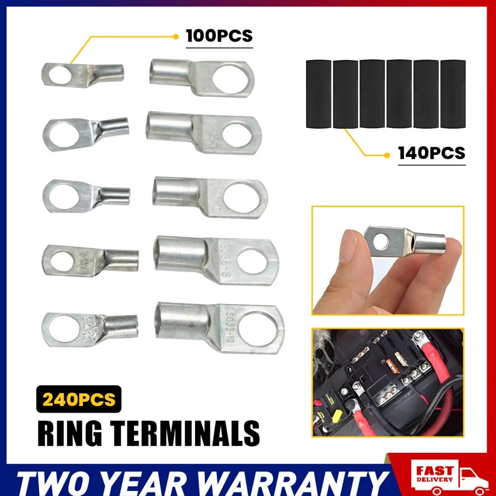 240-piece silver tinned copper battery cable lug ring terminal and heat shrink assortment kit