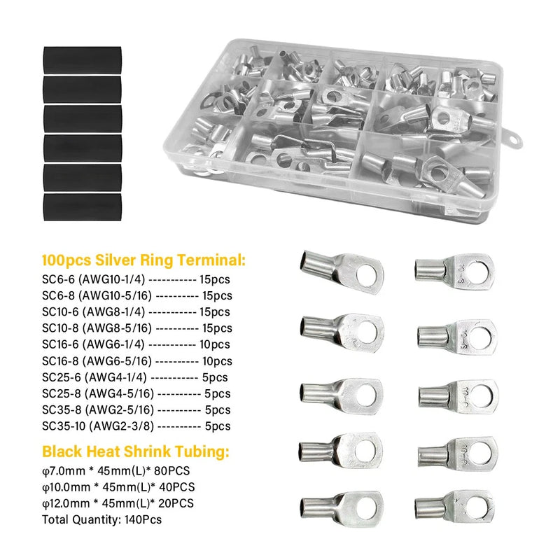 240pc Tinned Copper Battery Cable Lug Ring Terminal & Heat Shrink Kit