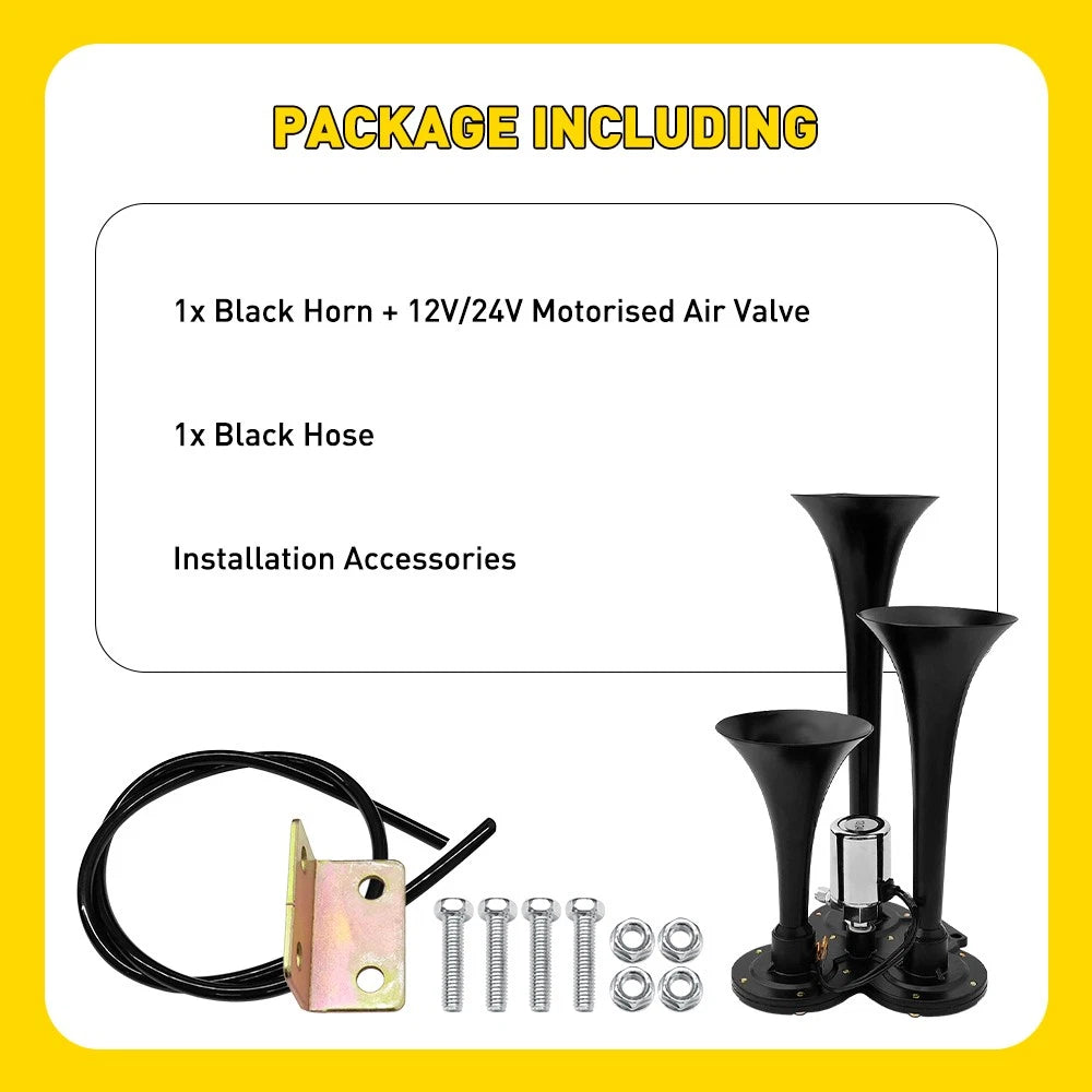 600DB Horns Train Air Horn 3 Trumpets For Truck/Car/SUV Loud Sound 12/24V Black