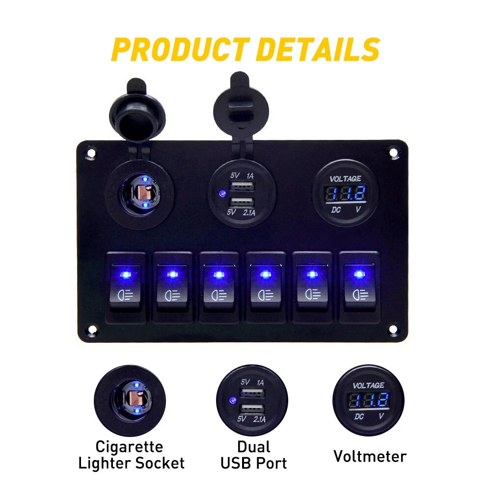 6 Gang Switch Panel Relay Circuit Control For Box Car Boat Marine 12V LED Light