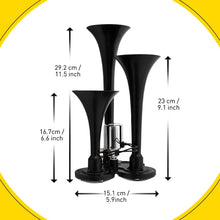Load image into Gallery viewer, 600DB Horns Train Air Horn 3 Trumpets For Truck/Car/SUV Loud Sound 12/24V Black