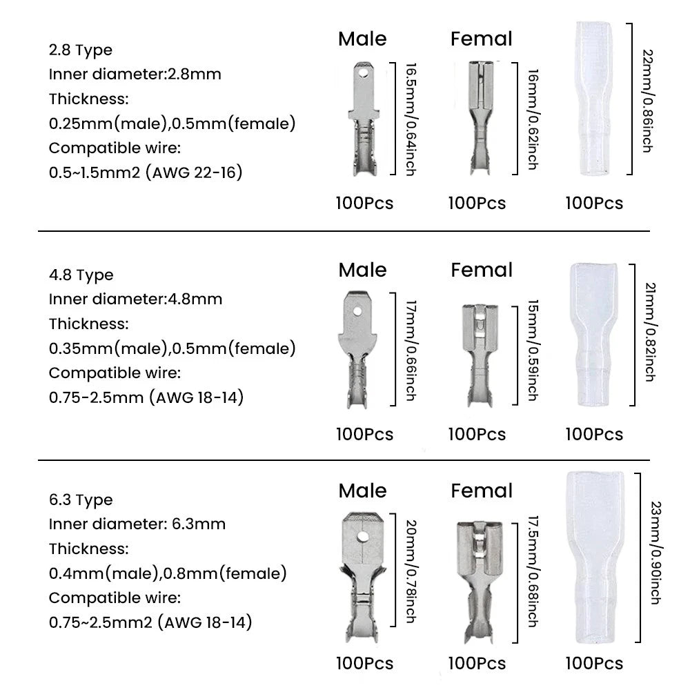2SET 900X Assortment Male Female Spade Terminals Electrical Wire Crimp Connector