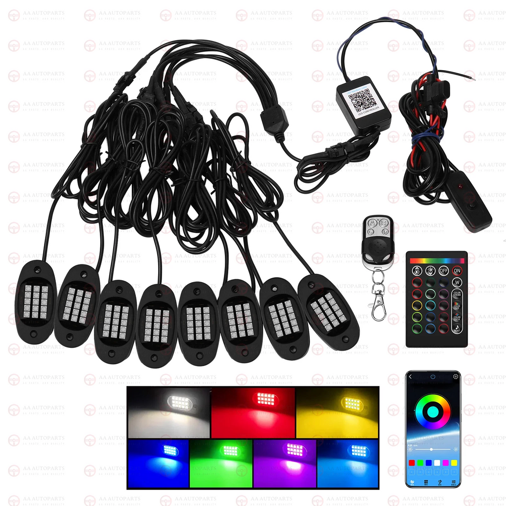 8 Pods RGB LED Rock Lights Kit Offroad Ute Underbody Music Wireless APP + Remote