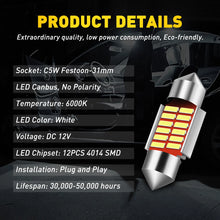 Load image into Gallery viewer, 2 x 31MM FESTOON 4014 12SMD LED INTERIOR DOME MAP LIGHT BULB GLOBE 12V CAR 4WD