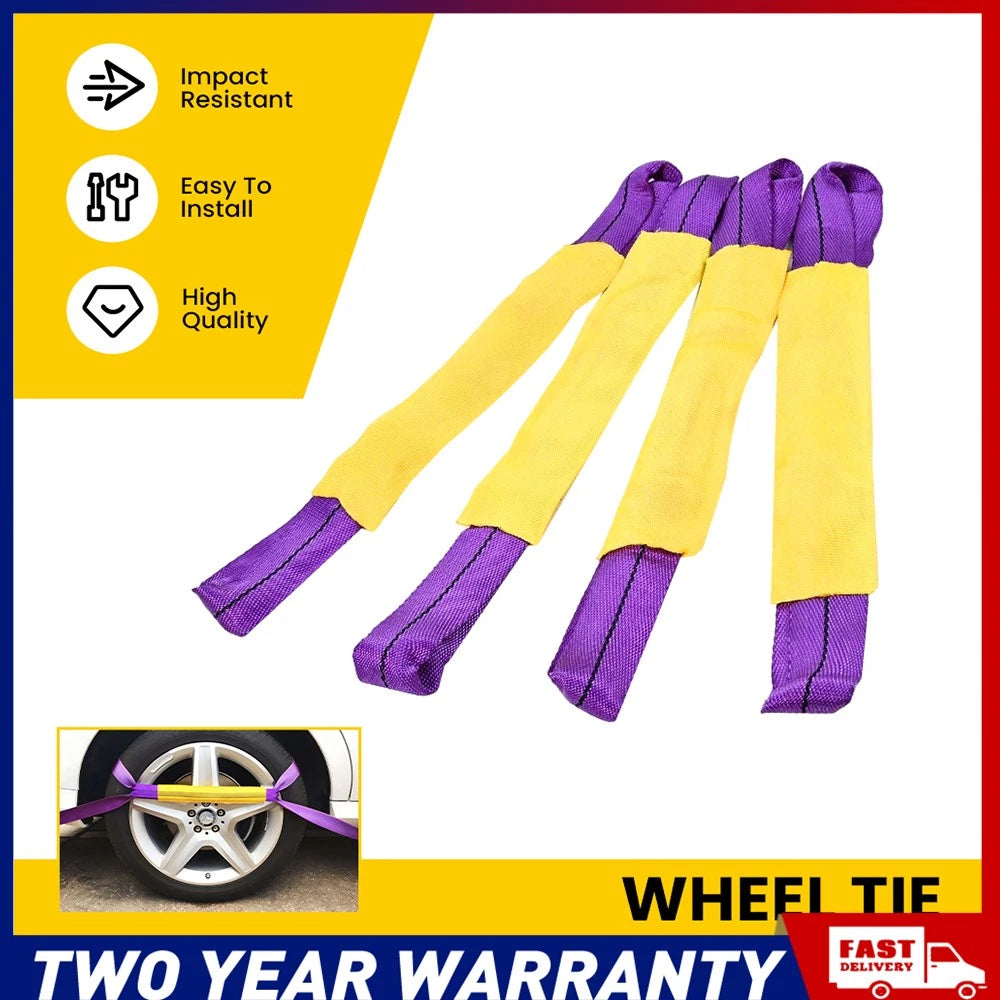 Set of four polyester wheel tyre link tow down straps for vehicle recovery and transport