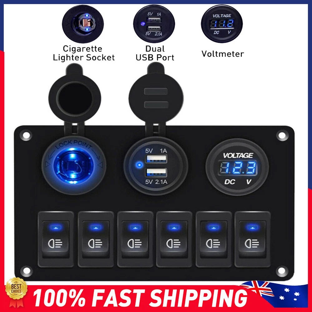 6 Gang 12V 24V Switch Panel ON OFF Toggle LED Rocker 2 USB Car Marine Boat RV