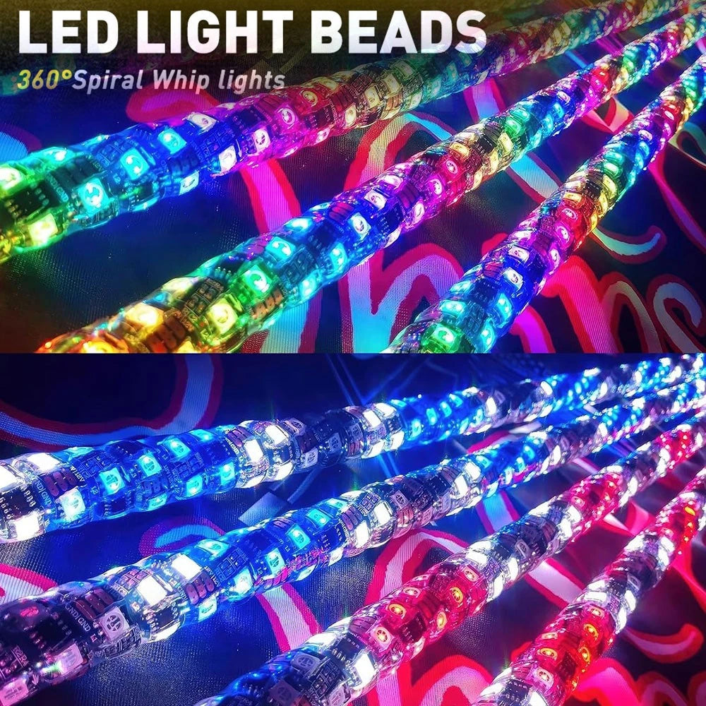 2/4/8x 3ft bluetooth RGB Spiral LED Whip Lights +Remote For ATV UTV Motorcycle