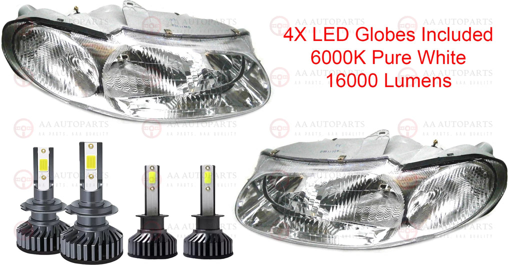 Chrome Headlights Pair + Full LED Globes For Holden Commodore VT WH 1997-2003
