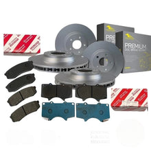Load image into Gallery viewer, Collection of brake rotors, brake pads, and brake shoe with branded boxes on a white background