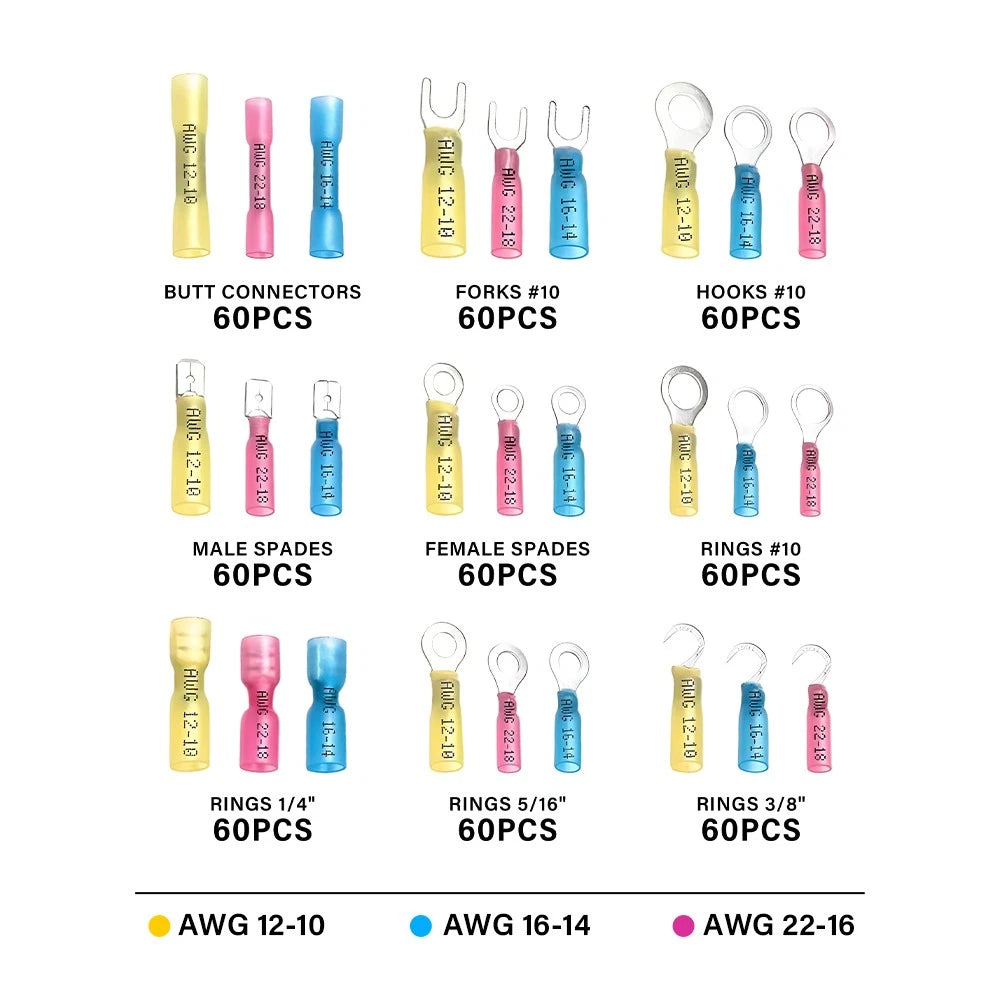 540pcs Universal Heat Shrink Wire Crimp Connectors Terminals Ring Butt Splices A