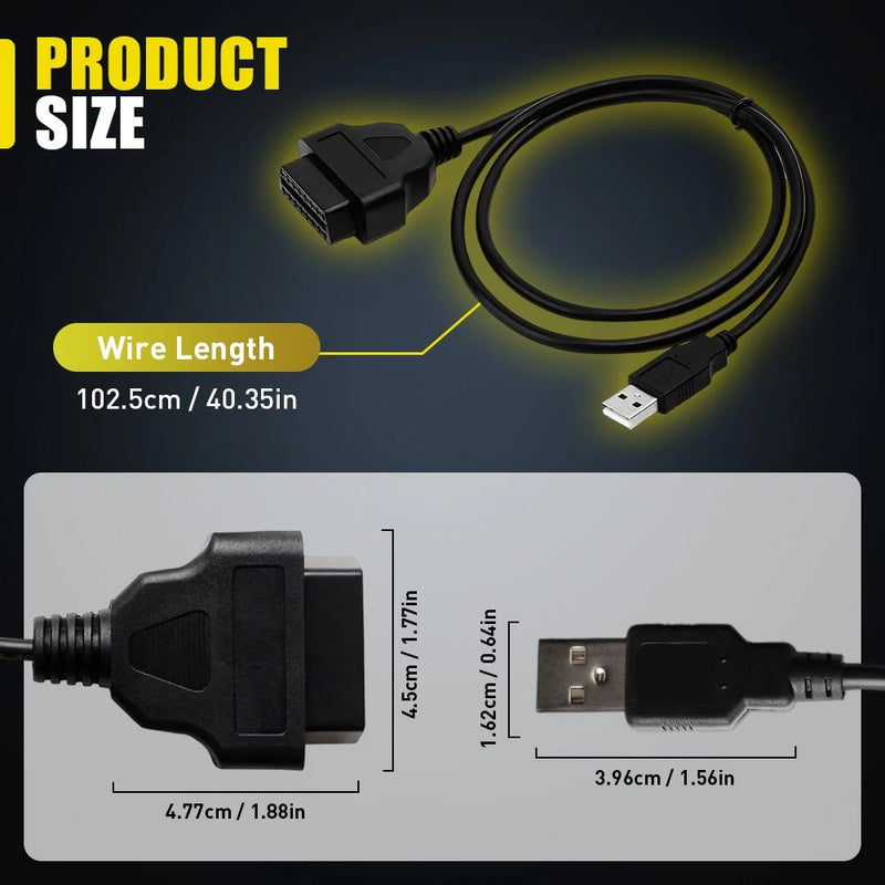 16-Pin OBD2 to USB Adapter Cable, 5V Diagnostic Charger Lead