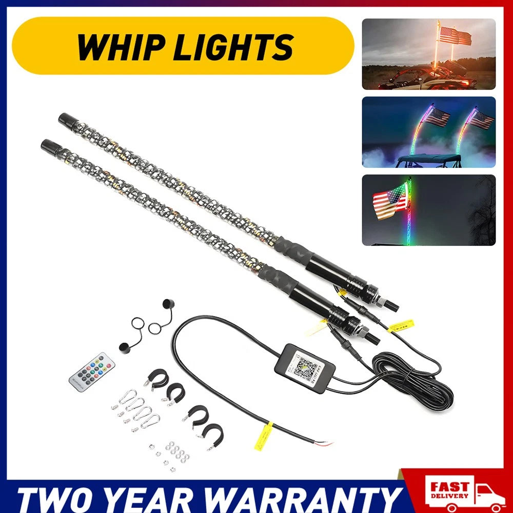 2Pcs For ATV Polaris RZR 3ft Spiral LED Whip Light Antenna APP Remote Bluetooth