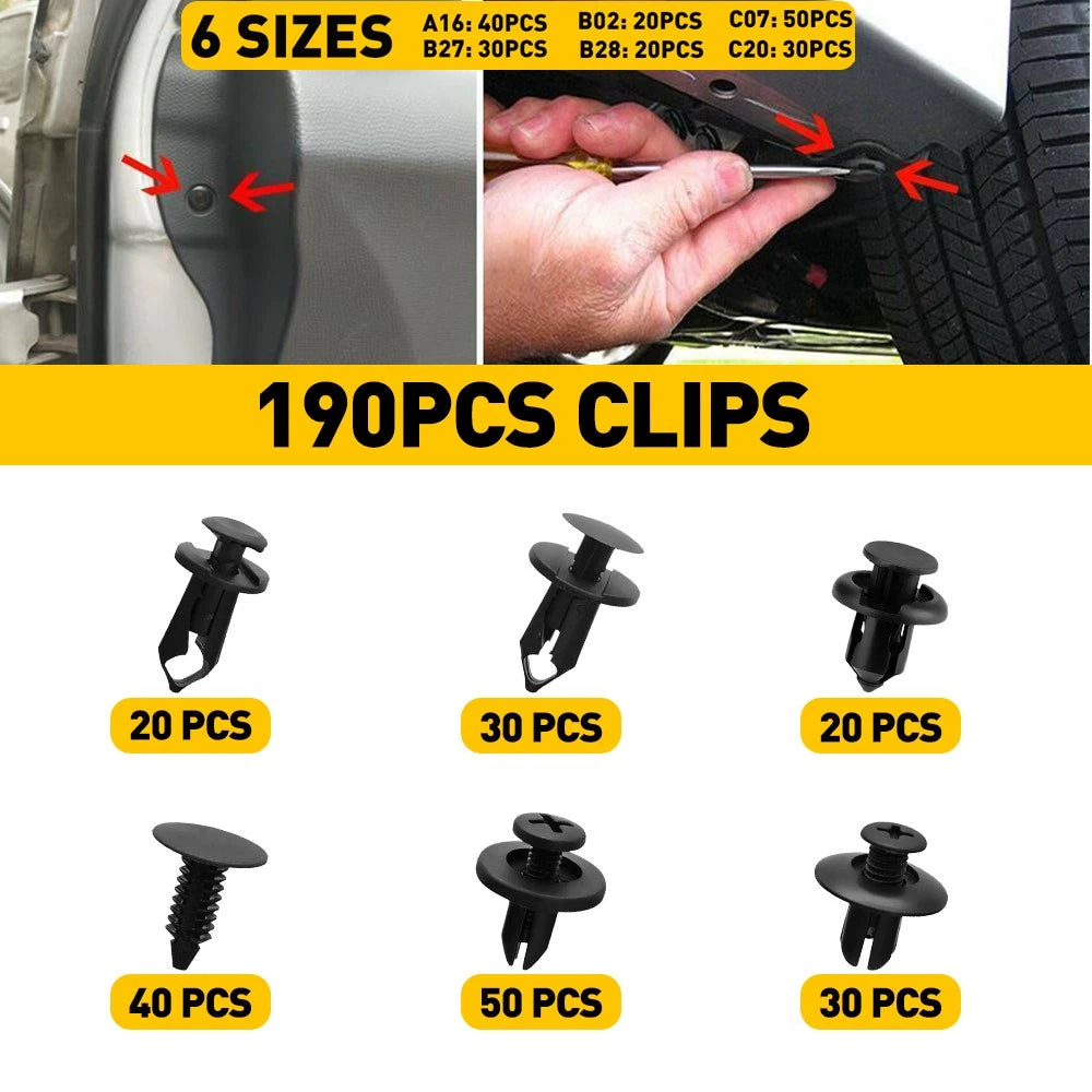 190pcs Car Trim Body Clips Kit Rivet Auto Retainer Panel Bumper Plastic Fastener