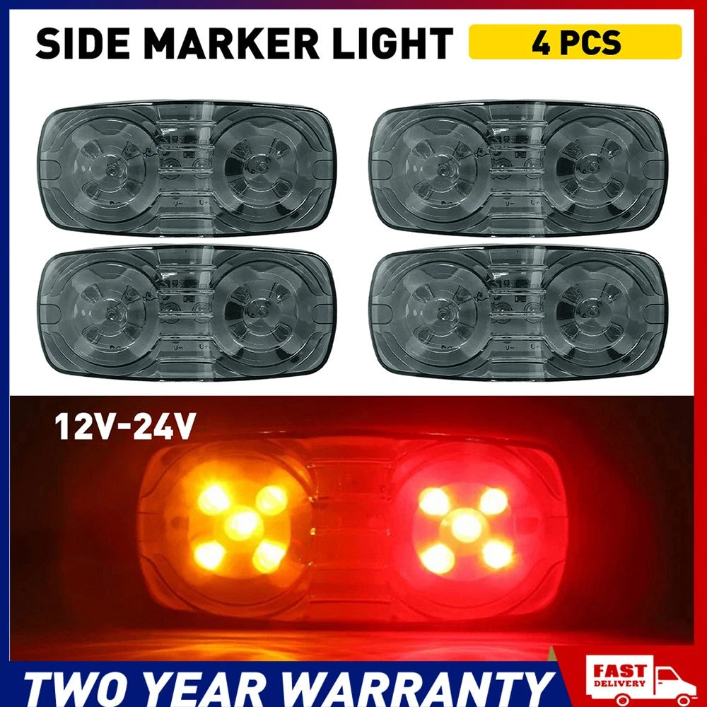 Set of 4 red amber LED side marker clearance lights with smoked lens, 12–24V IP67 for trailers and trucks