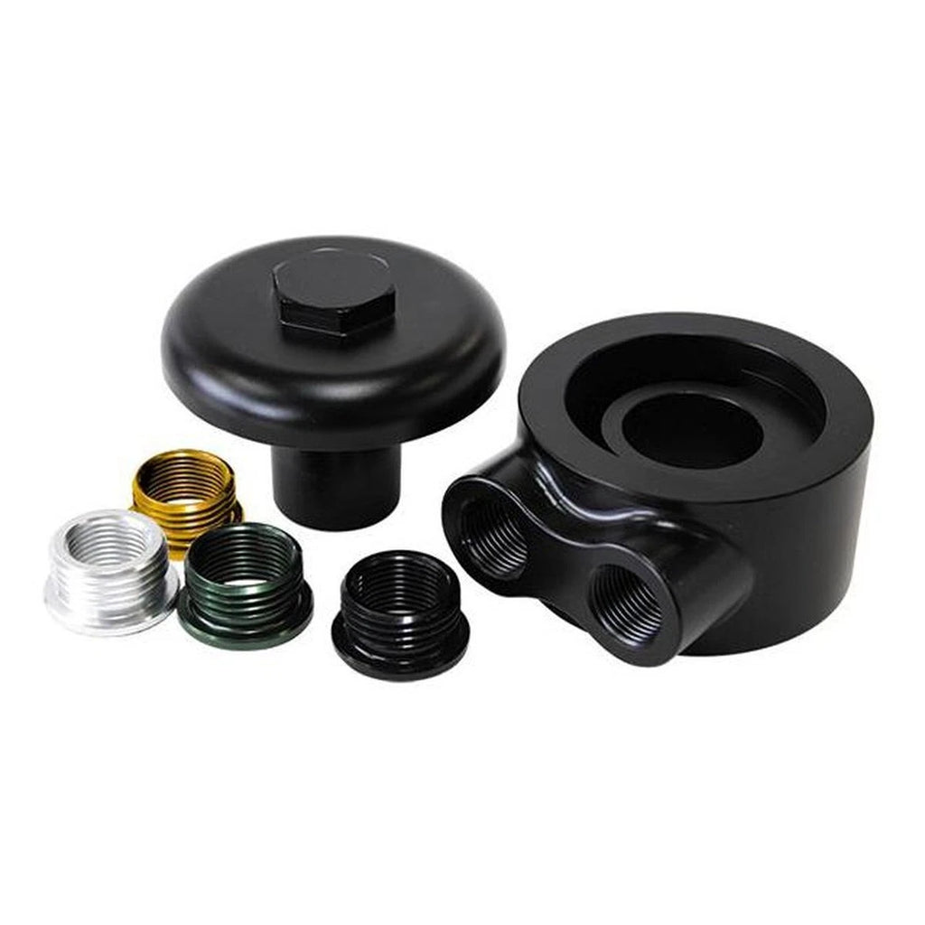 Aeroflow AF64-2098 black billet oil filter block adapter with -8 ORB ports